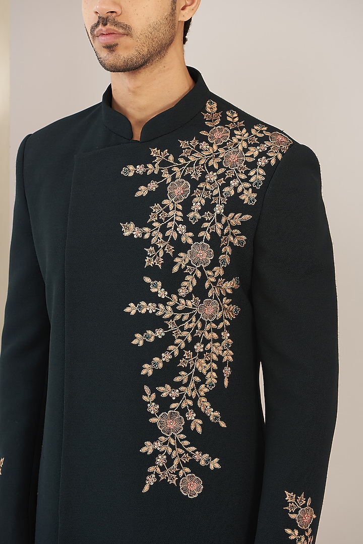Bottle Green Terry Rayon Thread Embroidered Wedding Sherwani Set by GUJRALS at Pernia's Pop Up Shop
