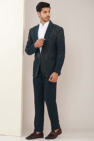 Midnight Blue Terry Rayon Hand Embroidered Tuxedo Set by GUJRALS