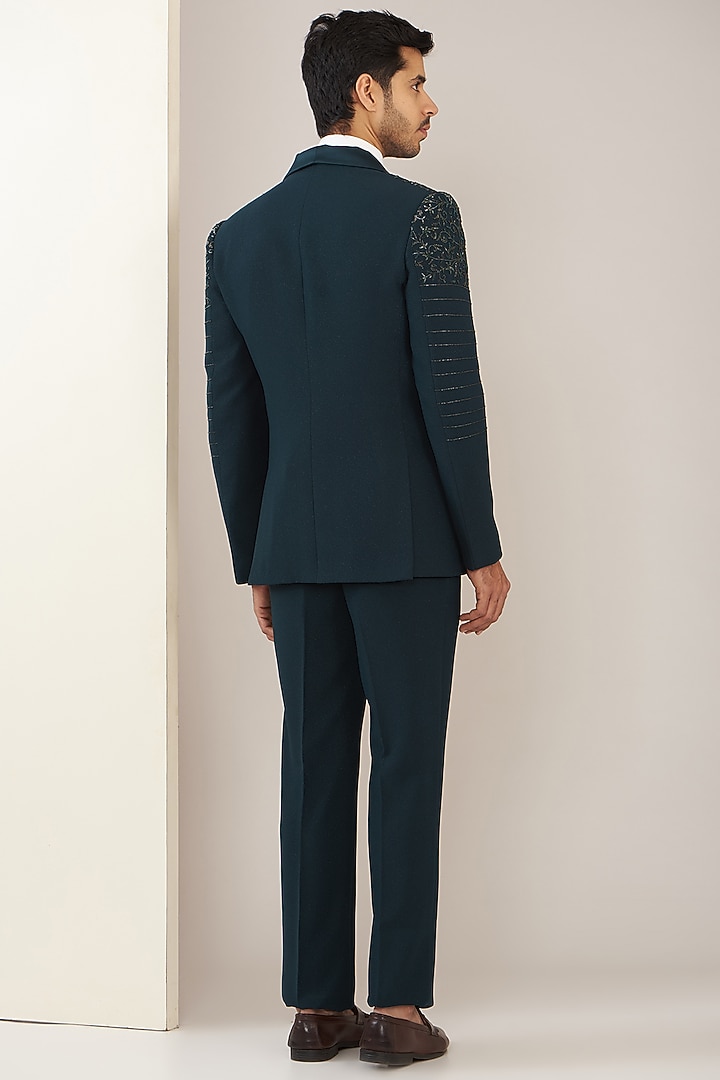 Midnight Blue Terry Rayon Hand Embroidered Tuxedo Set by GUJRALS at Pernia's Pop Up Shop