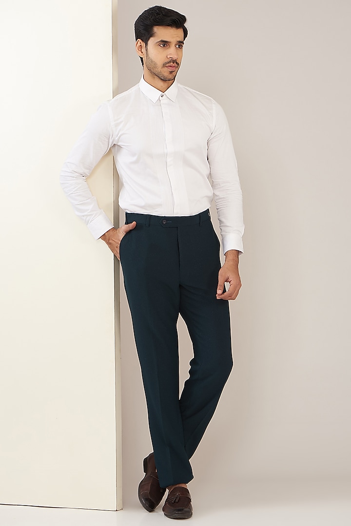 Midnight Blue Terry Rayon Hand Embroidered Tuxedo Set by GUJRALS at Pernia's Pop Up Shop