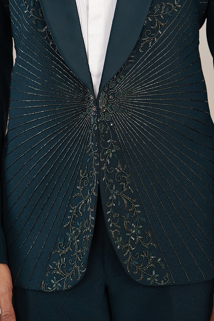 Midnight Blue Terry Rayon Hand Embroidered Tuxedo Set by GUJRALS at Pernia's Pop Up Shop
