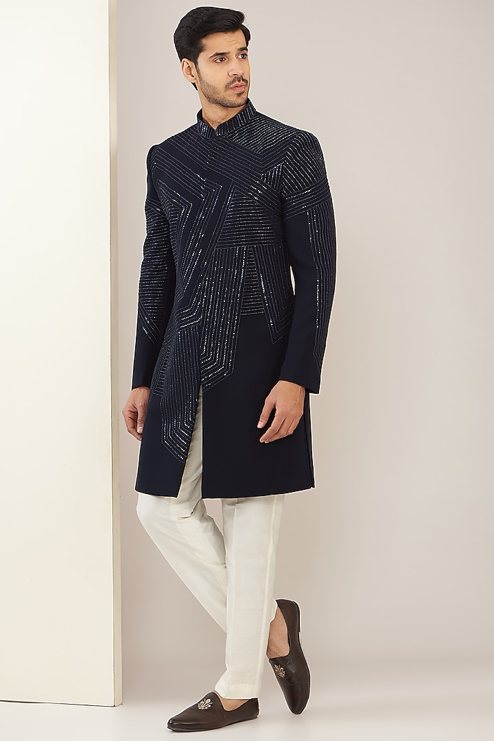 Navy Blue Terry Rayon Abstract Embroidered Sherwani Set by GUJRALS