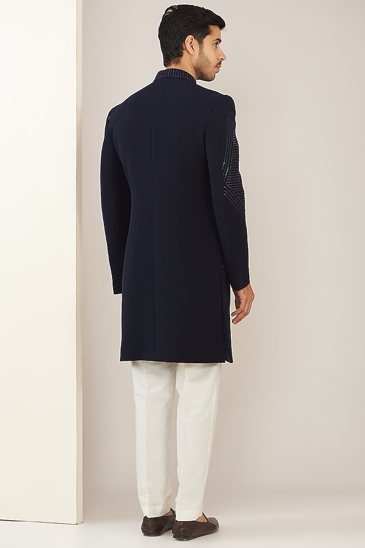 Navy Blue Terry Rayon Abstract Embroidered Wedding Sherwani Set by GUJRALS at Pernia's Pop Up Shop