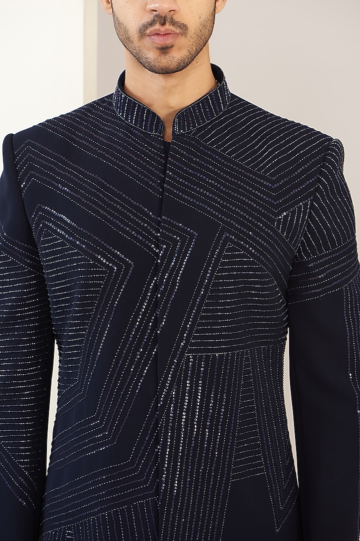 Navy Blue Terry Rayon Abstract Embroidered Wedding Sherwani Set by GUJRALS at Pernia's Pop Up Shop