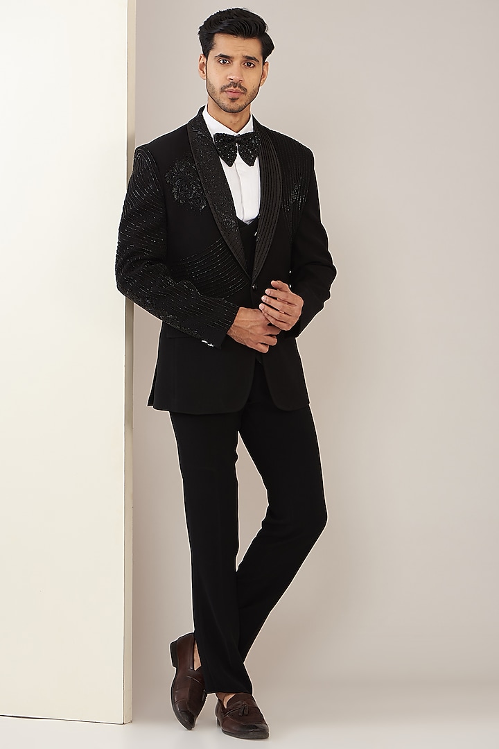 Black Terry Rayon Embroidered Tuxedo Set by GUJRALS
