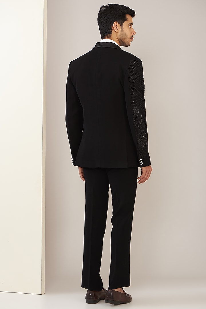 Black Terry Rayon Embroidered Tuxedo Set by GUJRALS at Pernia's Pop Up Shop