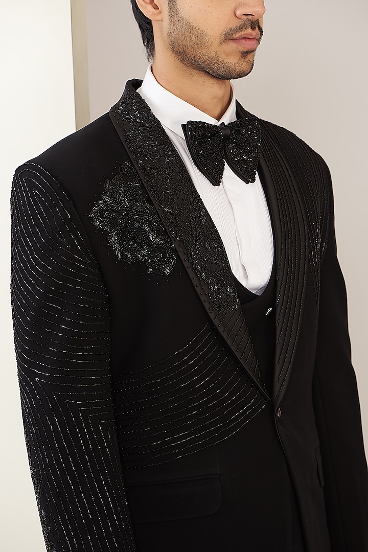 Black Terry Rayon Embroidered Tuxedo Set by GUJRALS at Pernia's Pop Up Shop