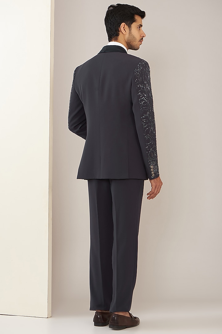 Grey Terry Rayon Embroidered Tuxedo Set by GUJRALS at Pernia's Pop Up Shop