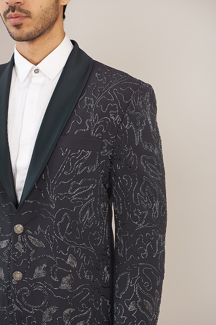Grey Terry Rayon Embroidered Tuxedo Set by GUJRALS at Pernia's Pop Up Shop