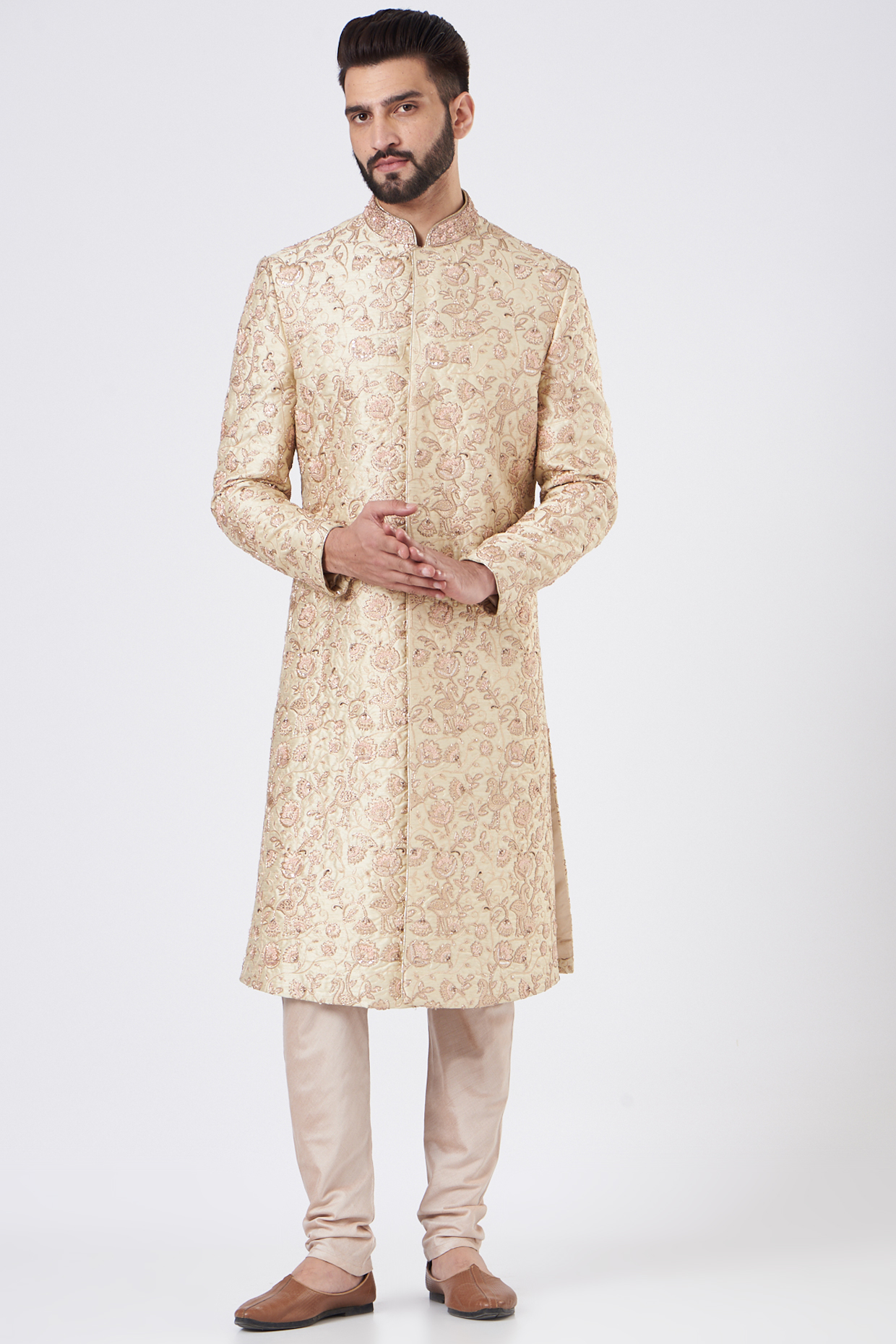 Cream Raw Silk Thread Hand Embroidered Wedding Sherwani Set by GUJRALS at Pernia's Pop Up Shop
