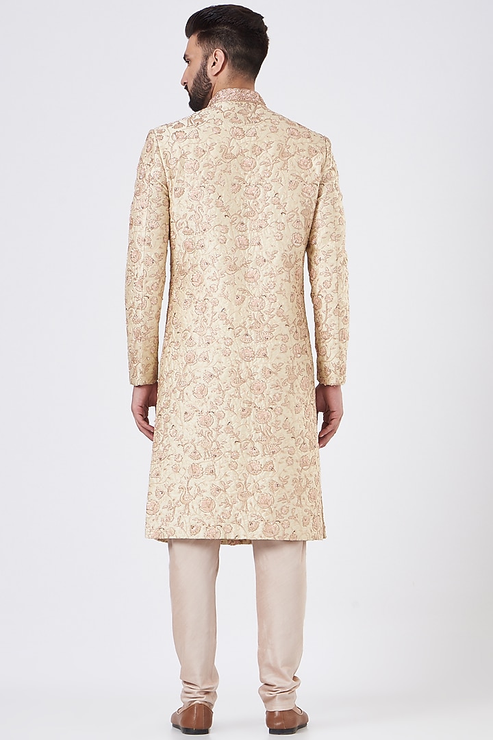 Cream Raw Silk Thread Hand Embroidered Wedding Sherwani Set by GUJRALS at Pernia's Pop Up Shop