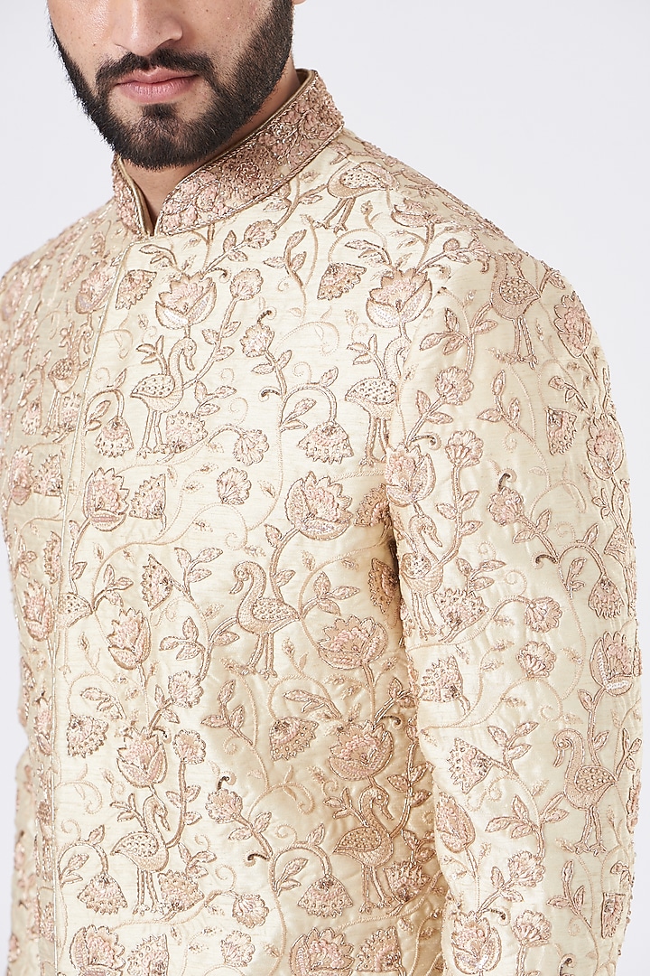 Cream Raw Silk Thread Hand Embroidered Wedding Sherwani Set by GUJRALS at Pernia's Pop Up Shop