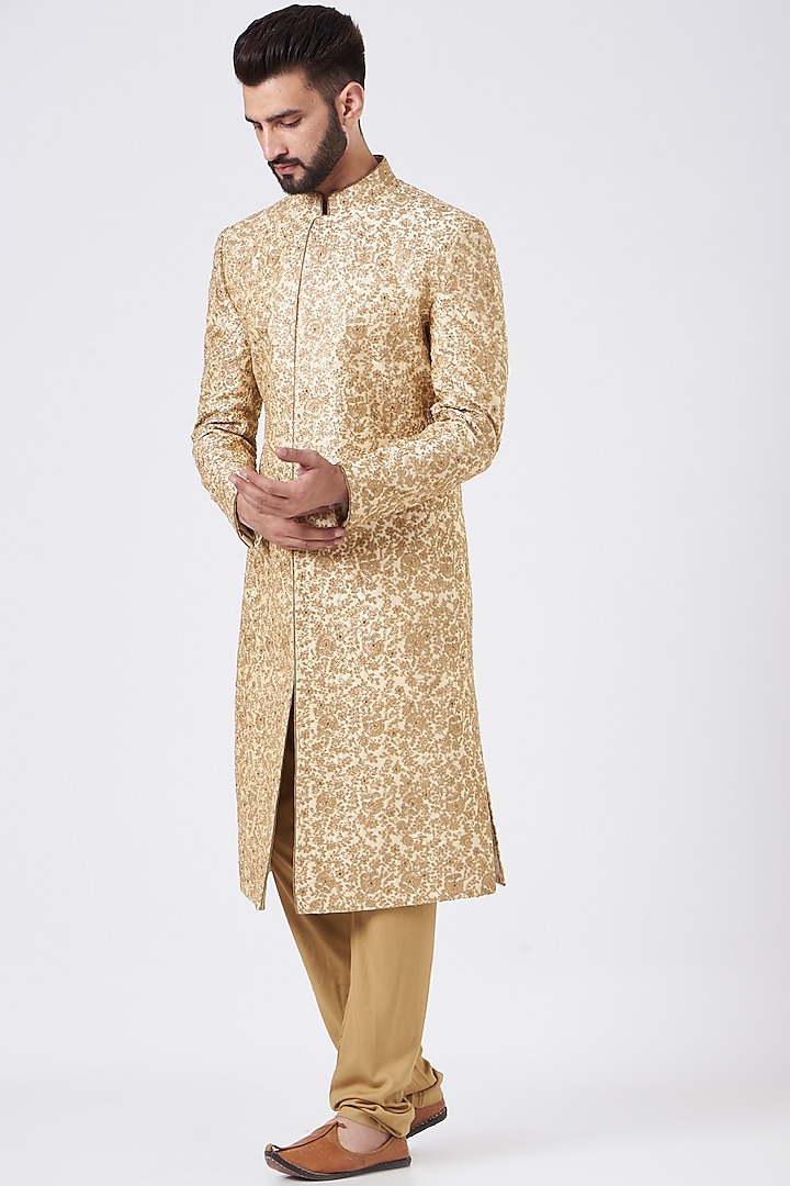 Light Gold Silk Embroidered Sherwani Set by GUJRALS