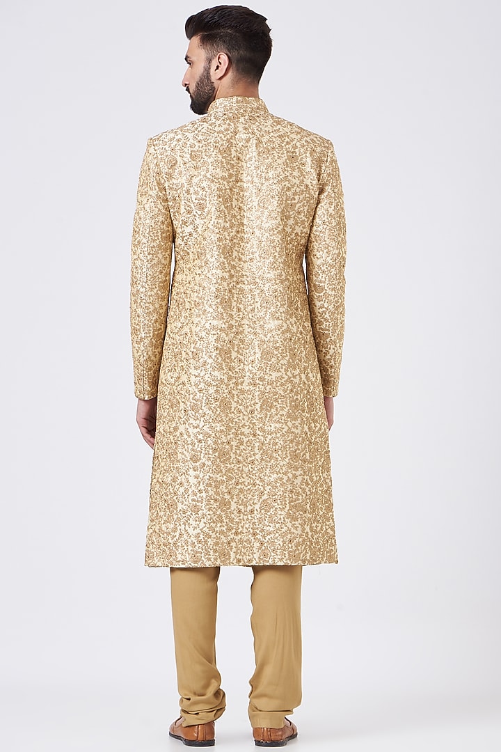 Light Gold Silk Zari Embroidered Wedding Sherwani Set by GUJRALS at Pernia's Pop Up Shop