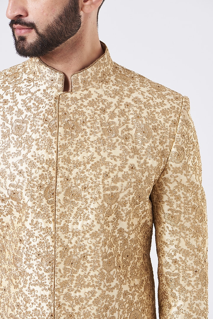 Light Gold Silk Zari Embroidered Wedding Sherwani Set by GUJRALS at Pernia's Pop Up Shop
