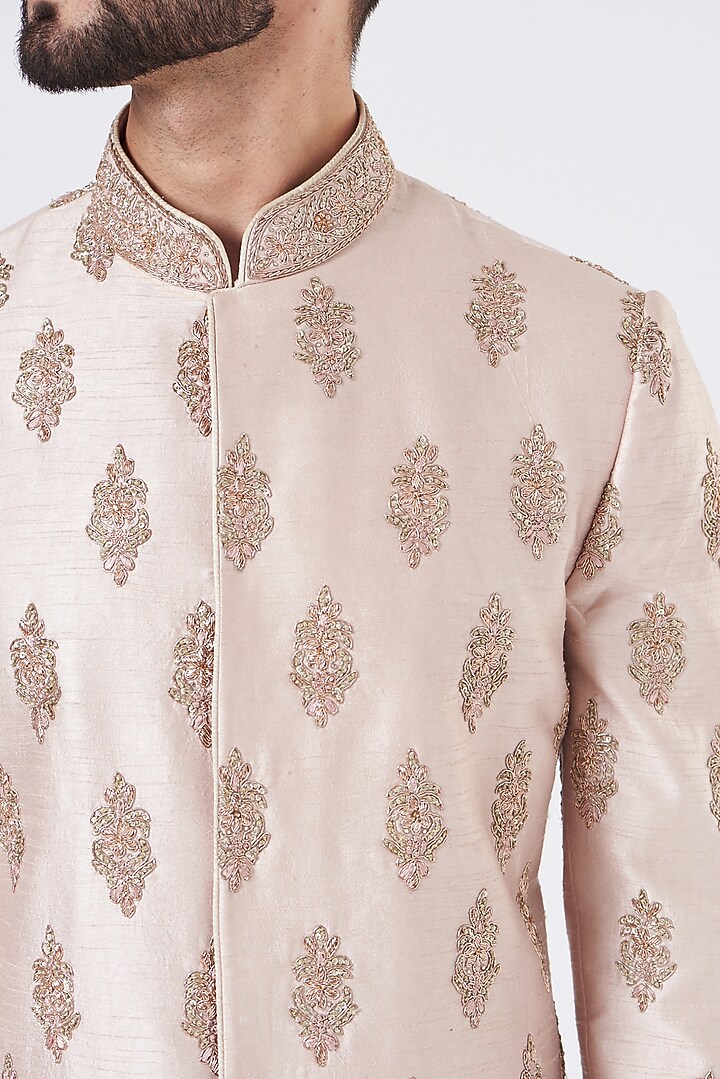 Rose Pink Silk Embroidered Groom Sherwani Set by GUJRALS at Pernia's Pop Up Shop