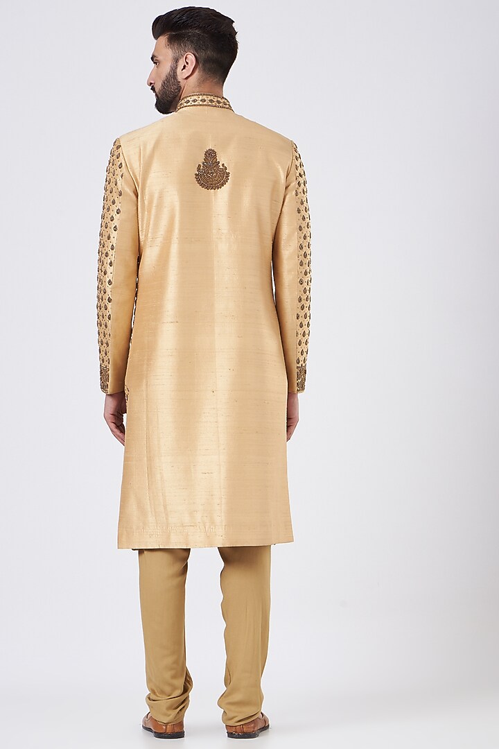 Gold Silk Zari Embroidered Groom Sherwani Set by GUJRALS at Pernia's Pop Up Shop