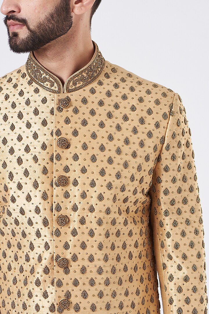 Gold Silk Zari Embroidered Groom Sherwani Set by GUJRALS at Pernia's Pop Up Shop