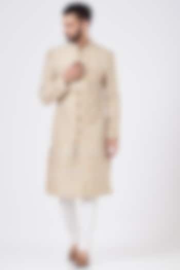 Cream Raw Silk Thread Work Sherwani Set by GUJRALS