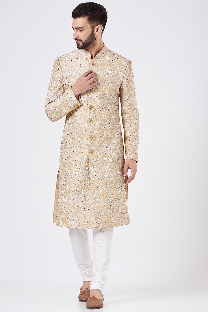 Cream Raw Silk Thread Work Sherwani Set by GUJRALS