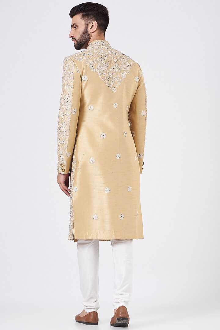 Cream Raw Silk Thread Work Groom Sherwani Set by GUJRALS at Pernia's Pop Up Shop