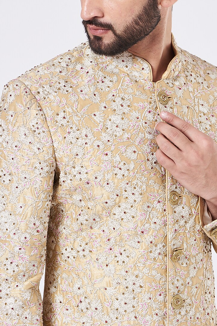 Cream Raw Silk Thread Work Groom Sherwani Set by GUJRALS at Pernia's Pop Up Shop