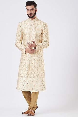 Light Gold Silk Sherwani Set by GUJRALS