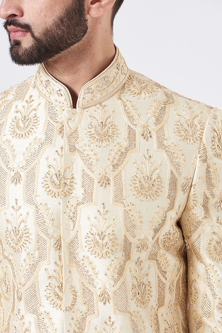 Light Gold Silk Groom Sherwani Set by GUJRALS at Pernia's Pop Up Shop