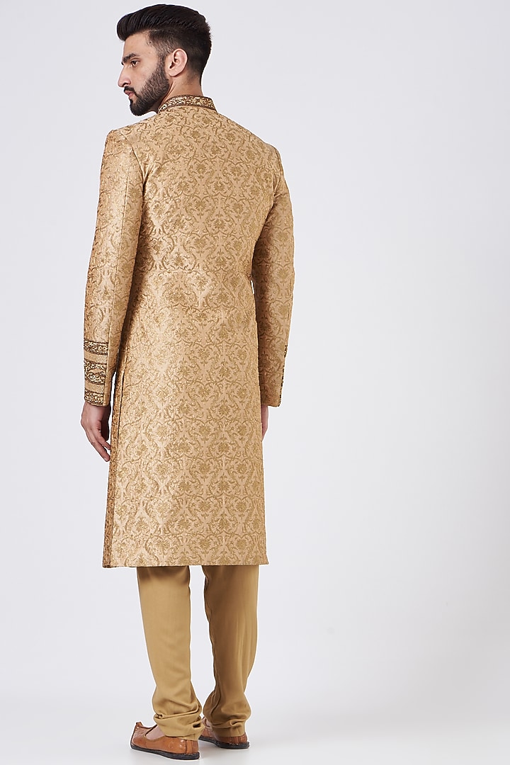 Antique Gold Silk Zari Embroidered Groom Sherwani Set by GUJRALS at Pernia's Pop Up Shop