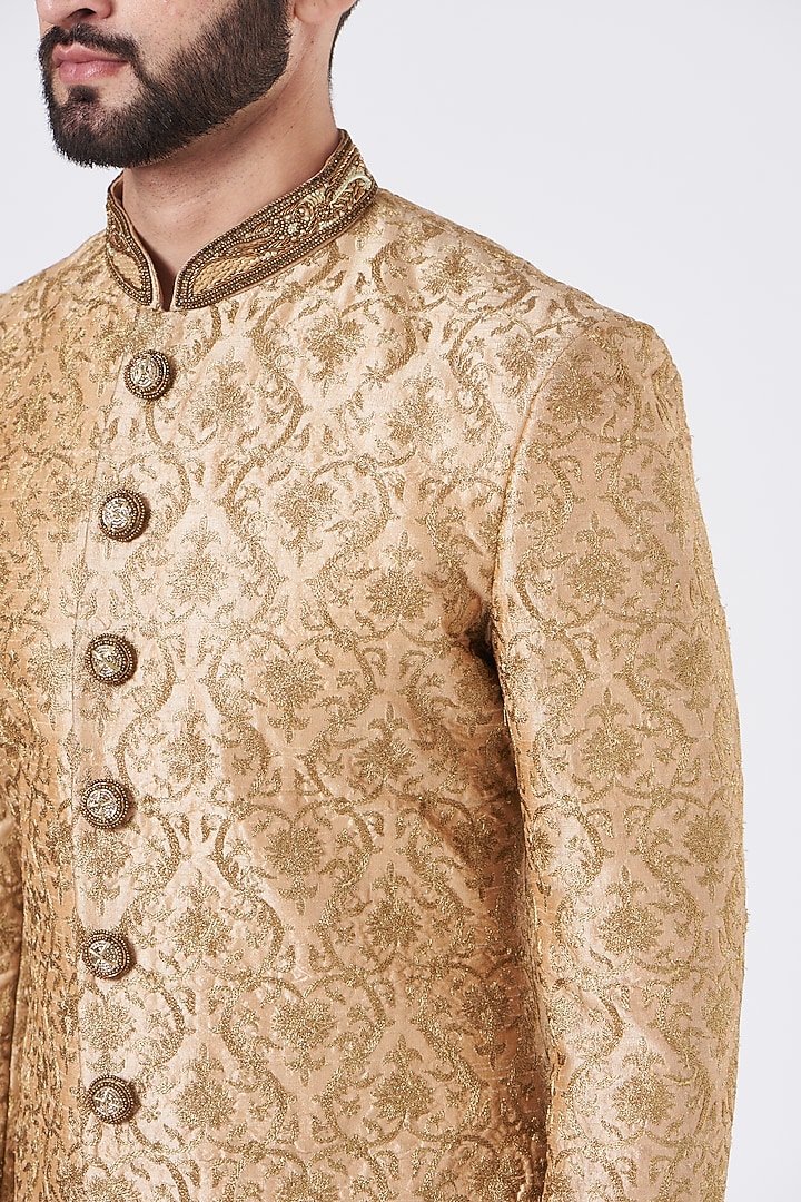 Antique Gold Silk Zari Embroidered Groom Sherwani Set by GUJRALS at Pernia's Pop Up Shop