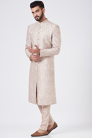 Rose Pink Silk Sherwani Set by GUJRALS