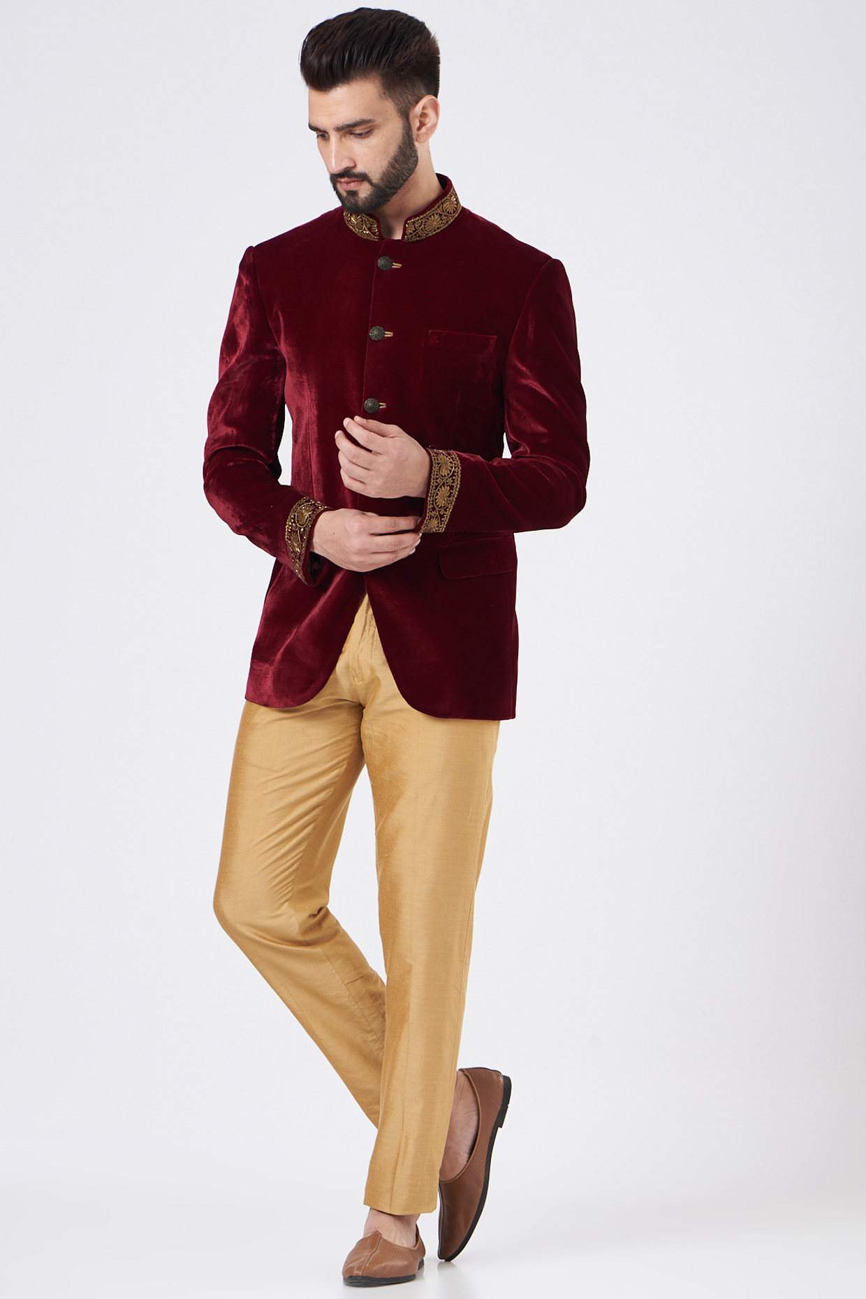 Wine Embroidered Wedding Bandhgala Jacket Set by GUJRALS at Pernia's Pop Up Shop