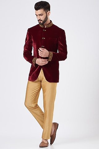 Wine Embroidered Bandhgala Jacket Set by GUJRALS