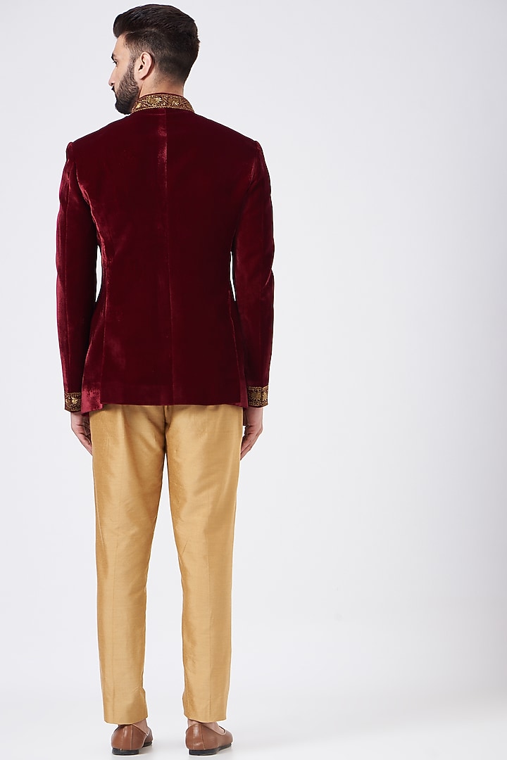 Wine Embroidered Wedding Bandhgala Jacket Set by GUJRALS at Pernia's Pop Up Shop