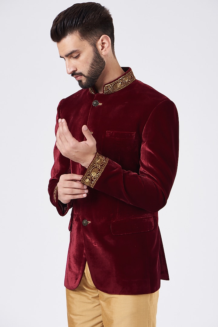 Wine Embroidered Wedding Bandhgala Jacket Set by GUJRALS at Pernia's Pop Up Shop