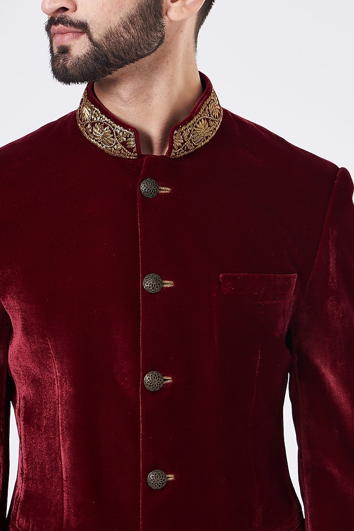 Wine Embroidered Wedding Bandhgala Jacket Set by GUJRALS at Pernia's Pop Up Shop