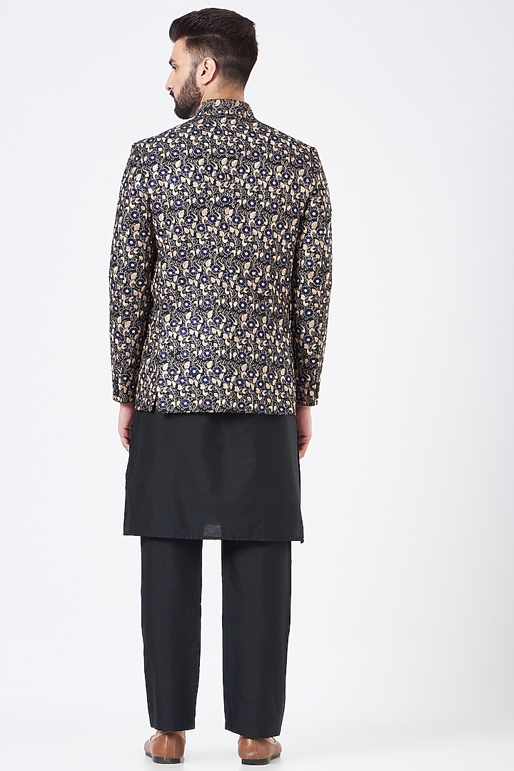 Black Silk Embroidered Wedding Bandhgala Jacket Set by GUJRALS at Pernia's Pop Up Shop