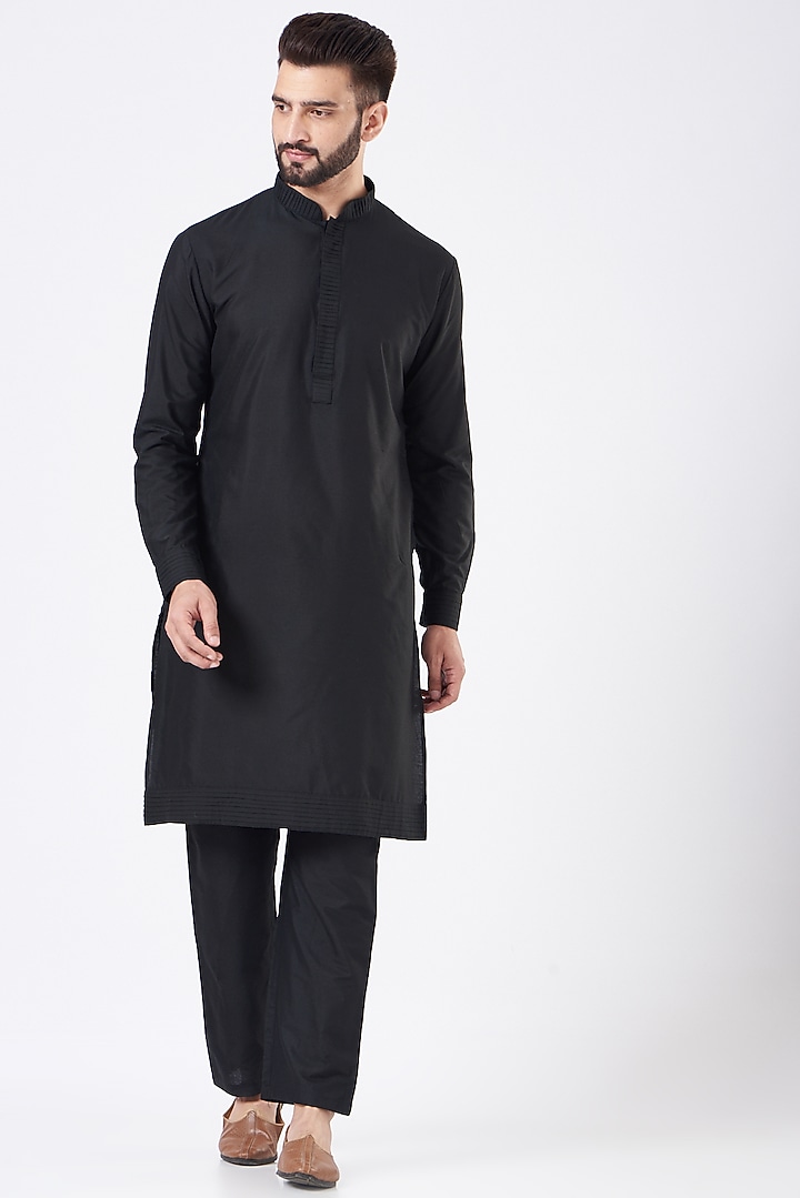 Black Silk Embroidered Wedding Bandhgala Jacket Set by GUJRALS at Pernia's Pop Up Shop