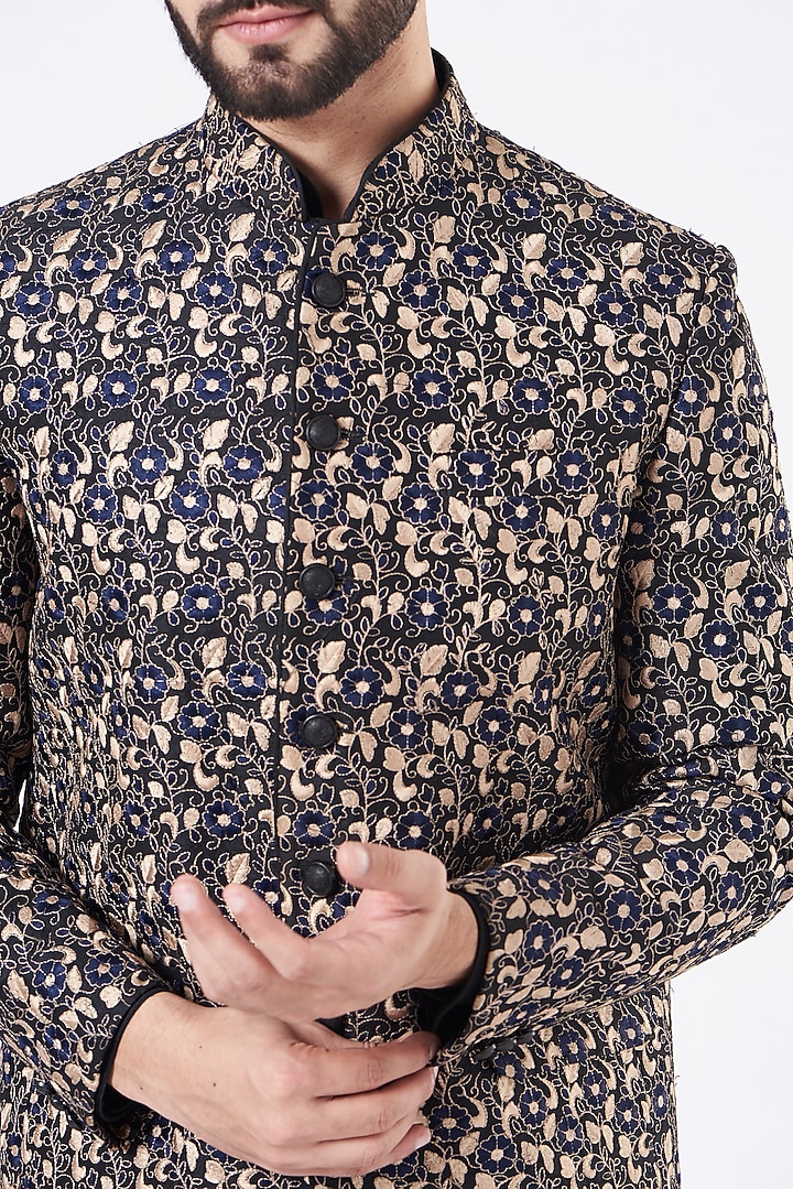 Black Silk Embroidered Wedding Bandhgala Jacket Set by GUJRALS at Pernia's Pop Up Shop