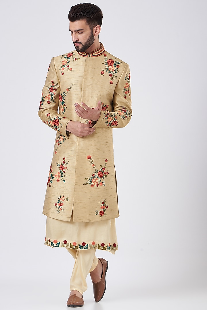 Light Gold Embroidered Sherwani Set by GUJRALS