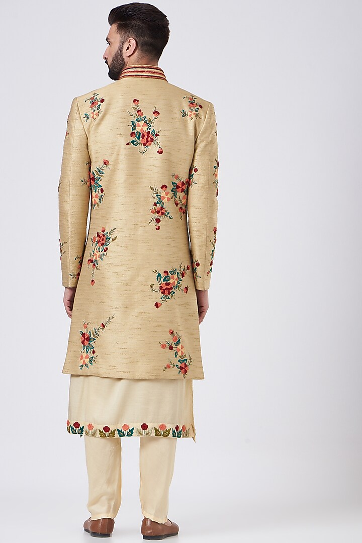 Light Gold Silk Thread Embroidered Wedding Sherwani Set by GUJRALS at Pernia's Pop Up Shop