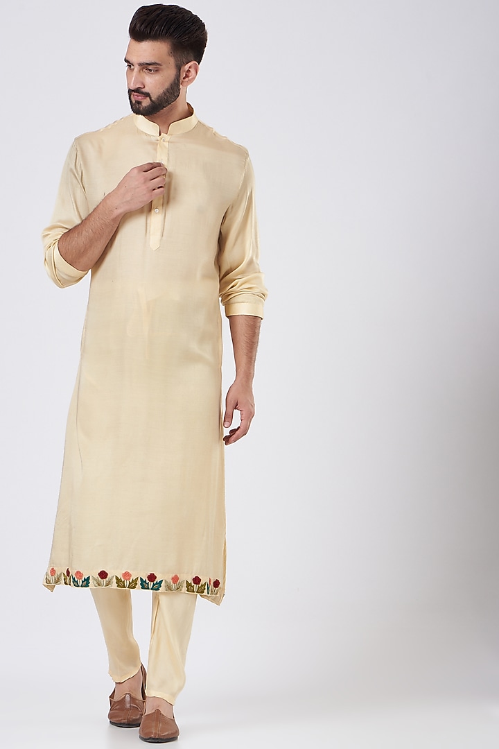 Light Gold Silk Thread Embroidered Wedding Sherwani Set by GUJRALS at Pernia's Pop Up Shop