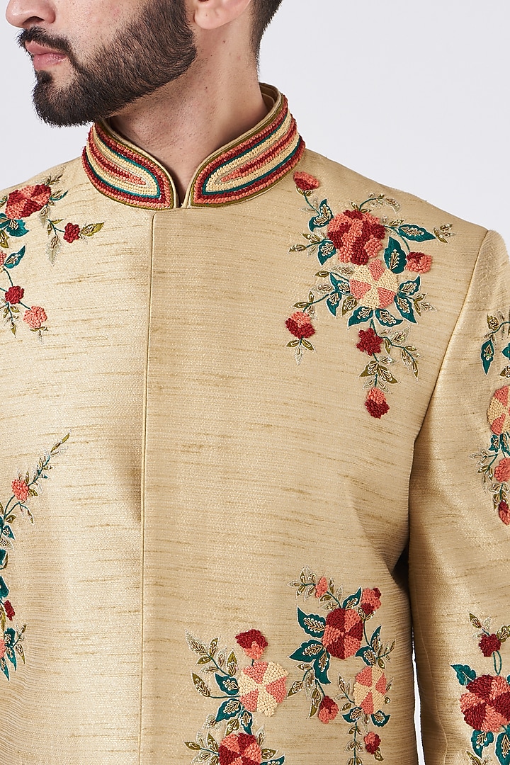 Light Gold Silk Thread Embroidered Wedding Sherwani Set by GUJRALS at Pernia's Pop Up Shop