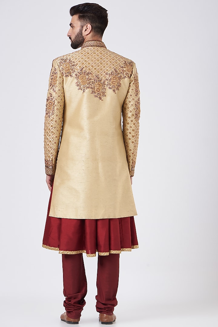 Gold Silk Embroidered Groom Sherwani Set by GUJRALS at Pernia's Pop Up Shop