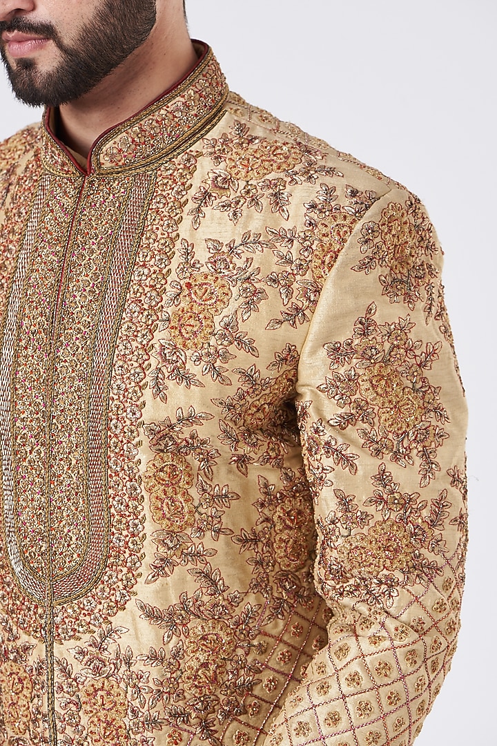 Gold Silk Embroidered Groom Sherwani Set by GUJRALS at Pernia's Pop Up Shop