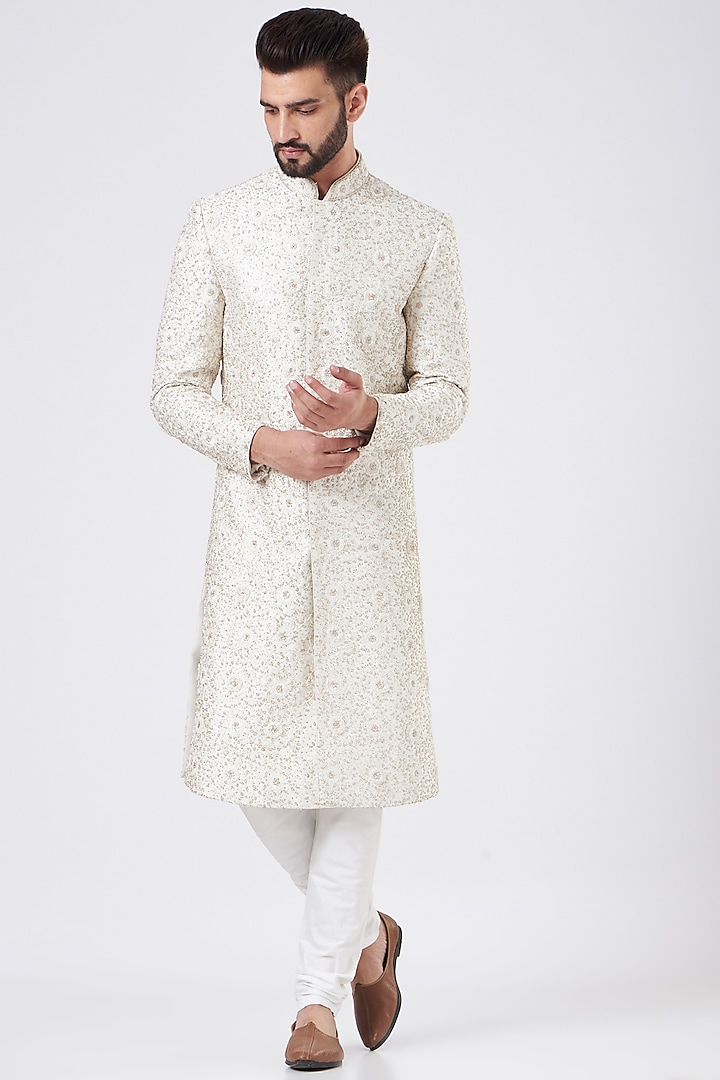 White Embroidered Sherwani Set by GUJRALS