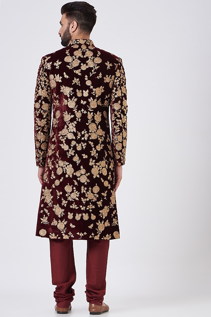 Maroon Velvet Wedding Sherwani Set by GUJRALS at Pernia's Pop Up Shop