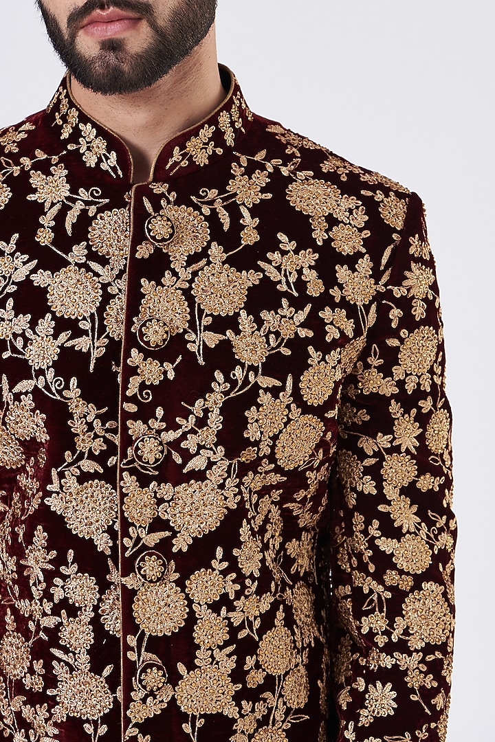 Maroon Velvet Wedding Sherwani Set by GUJRALS at Pernia's Pop Up Shop