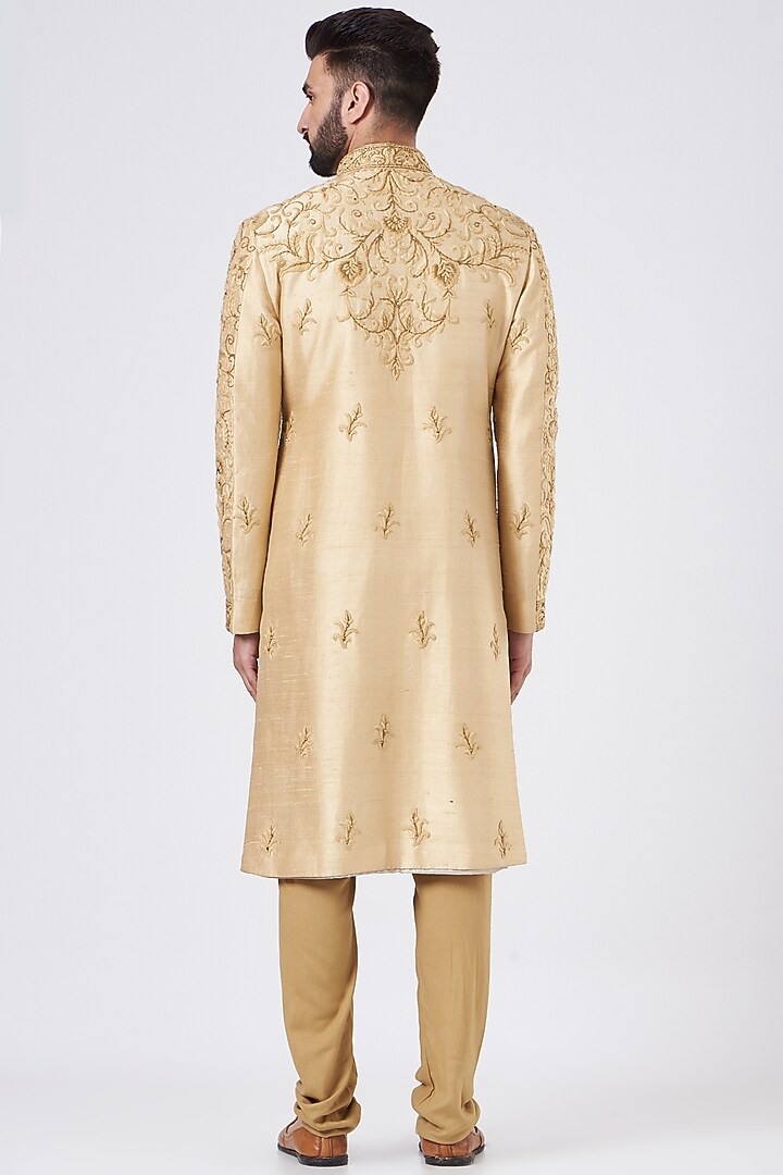 Gold Silk Groom Sherwani Set by GUJRALS at Pernia's Pop Up Shop
