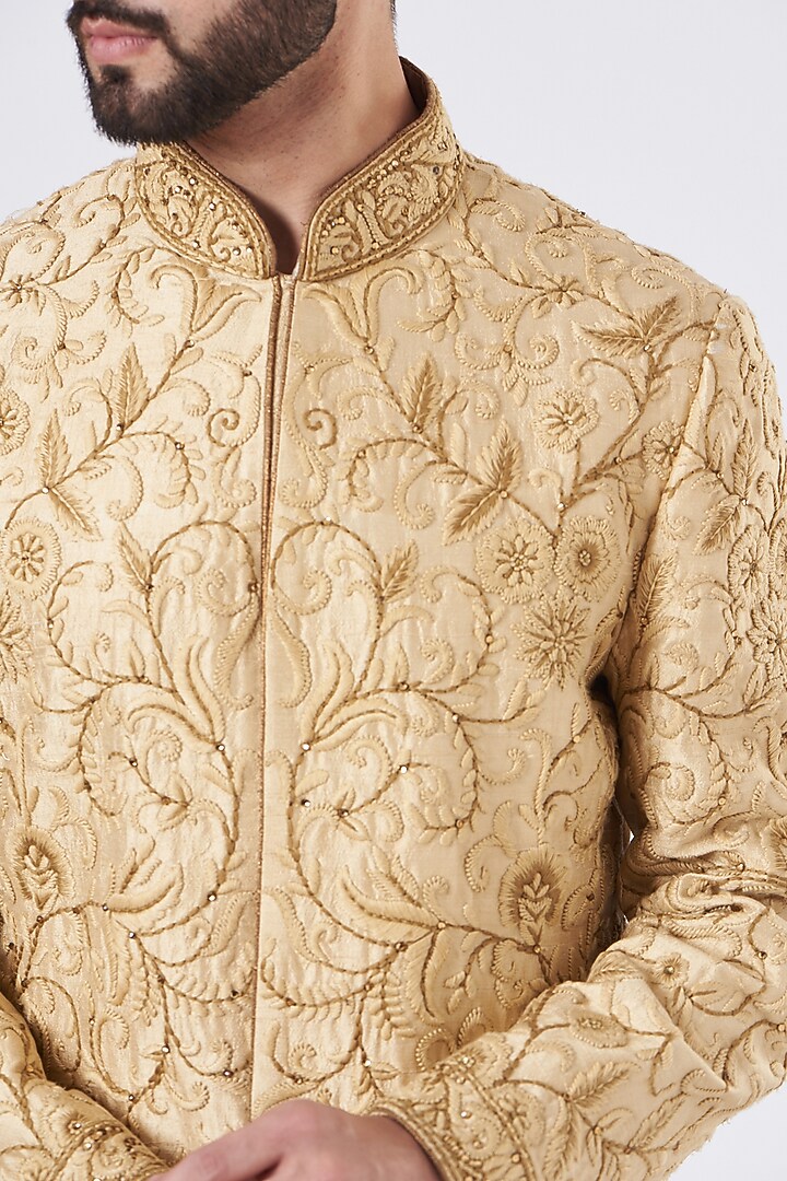 Gold Silk Groom Sherwani Set by GUJRALS at Pernia's Pop Up Shop